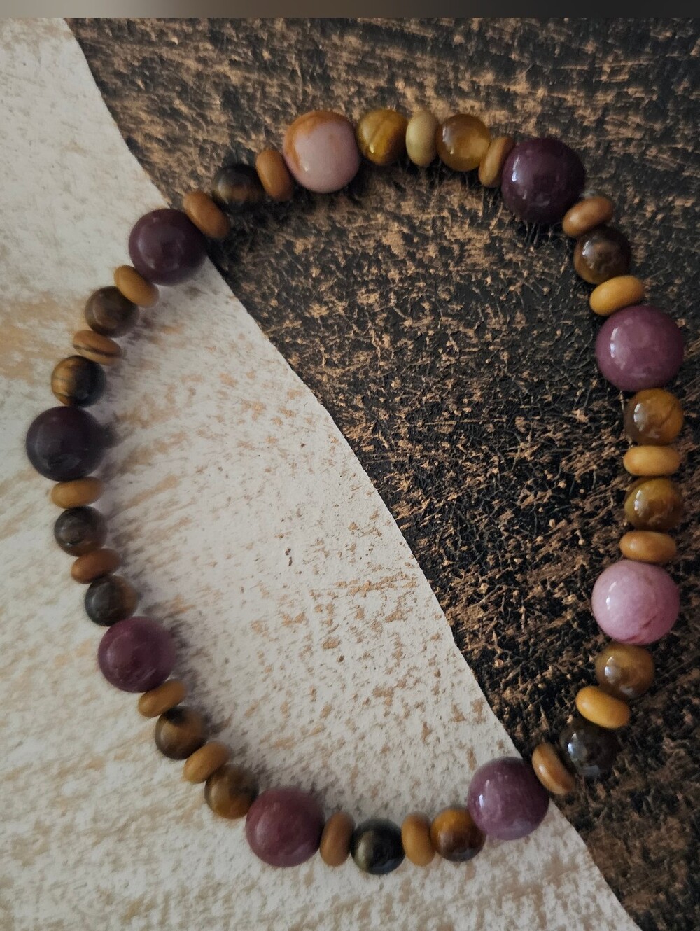 Natural Stone Bracelet made of Mookaite • Wooden Jasper • Tiger’s Eye